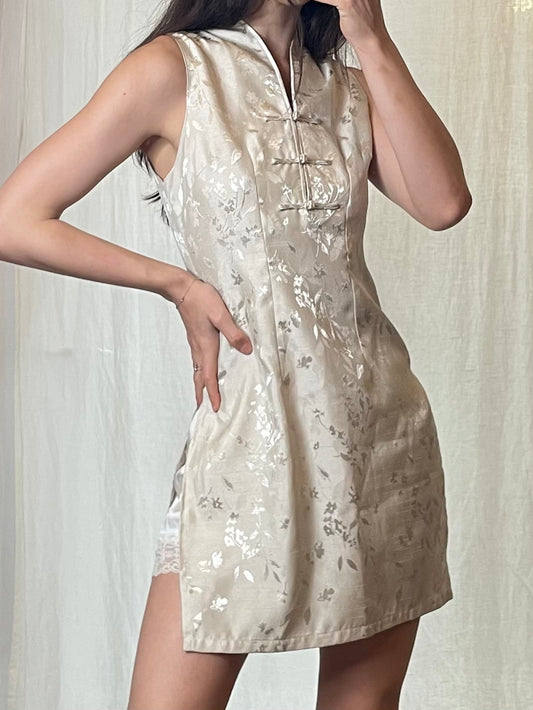 Vintage 100% Silk Oriental/Asian Cream Tunic Top S