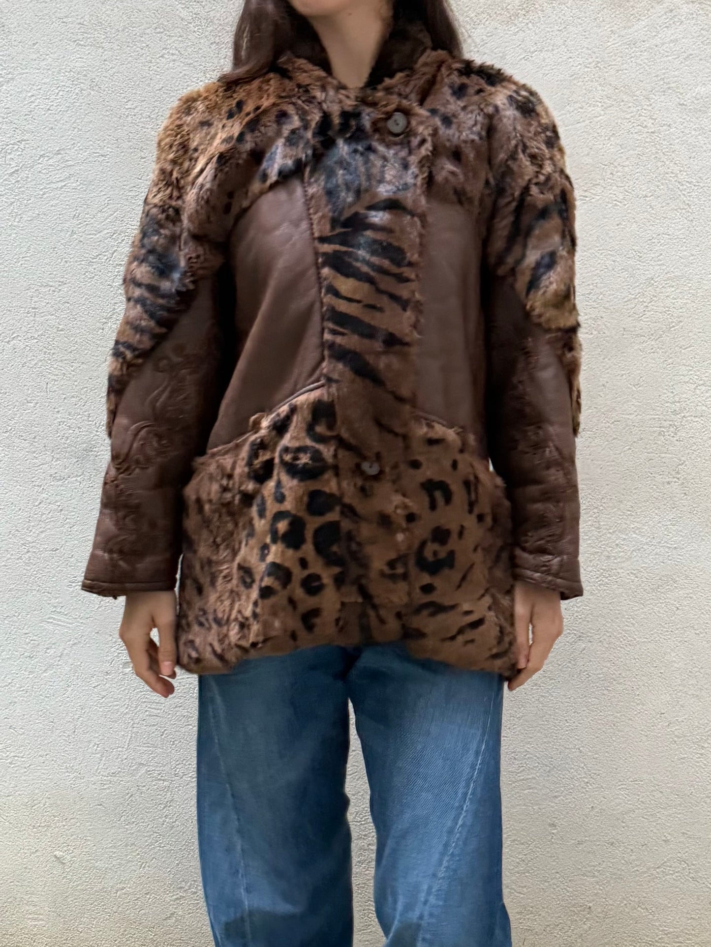 Vintage Tiger/Cheetah Real Lamb Shearling & Fur Brown Embroidered Coat