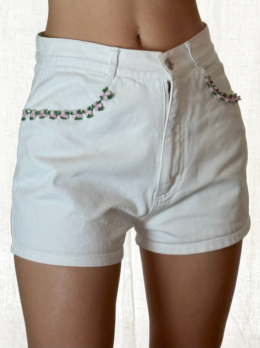 Vintage 100% Cotton White Floral Embroidered Denim Mini Shorts S/M