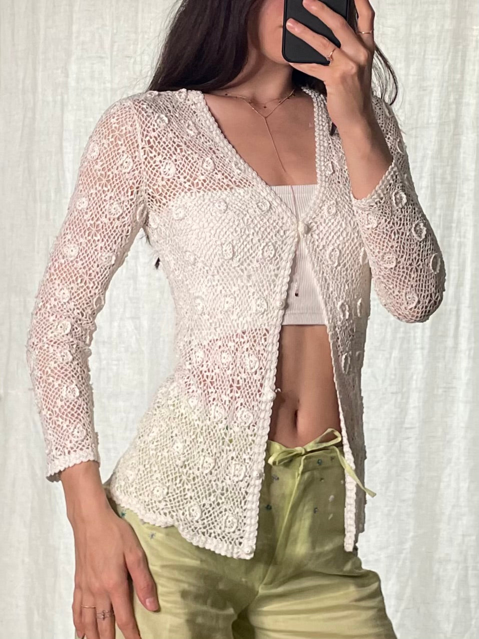 Vintage Off White Knitted Crochet Cardigan Top S