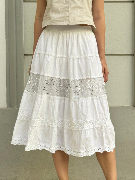 Vintage 100% Cotton Tiered Midi Sparkly Lace Pannel Skirt S