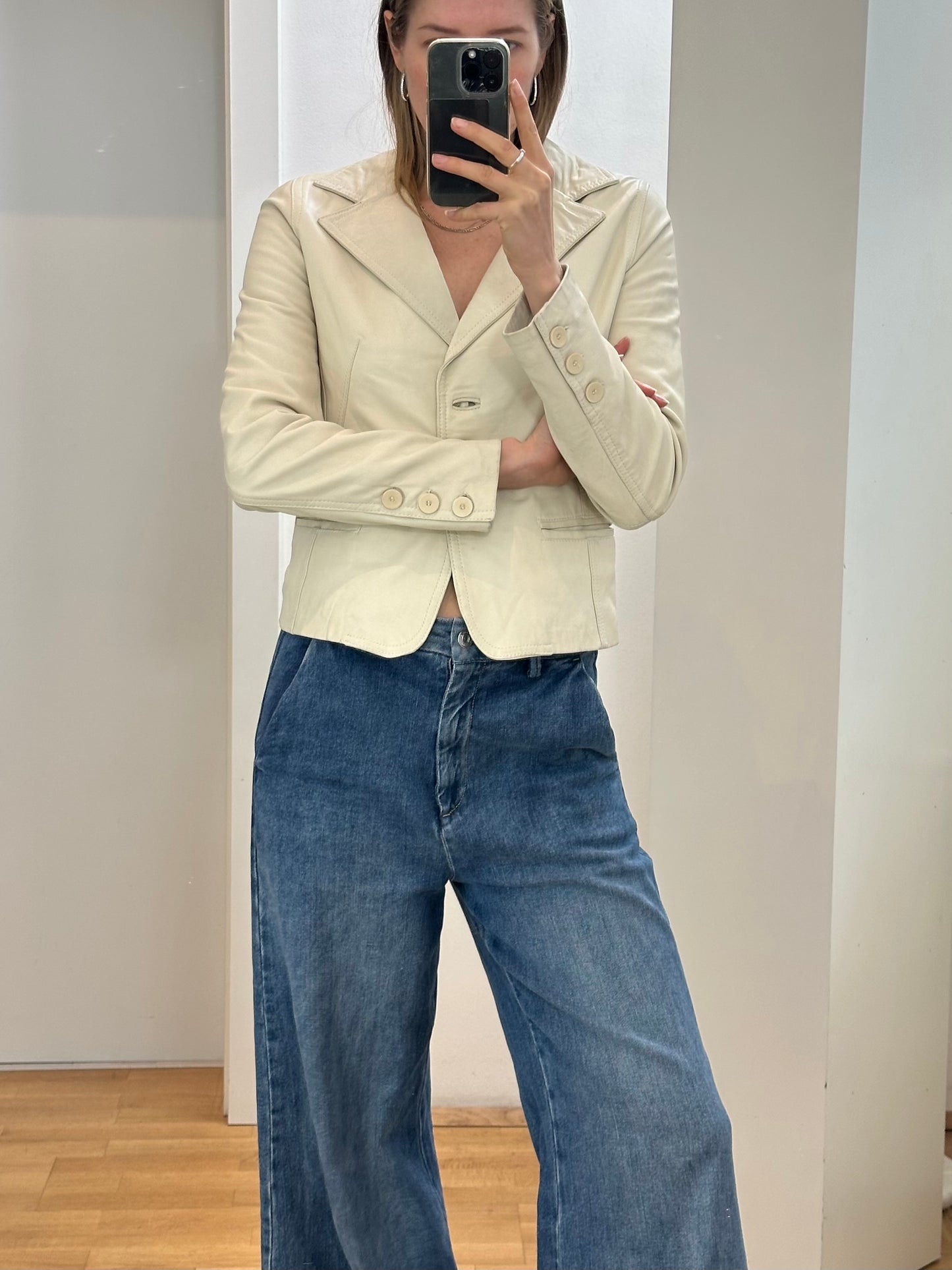 Vintage Cream Leather Jacket S