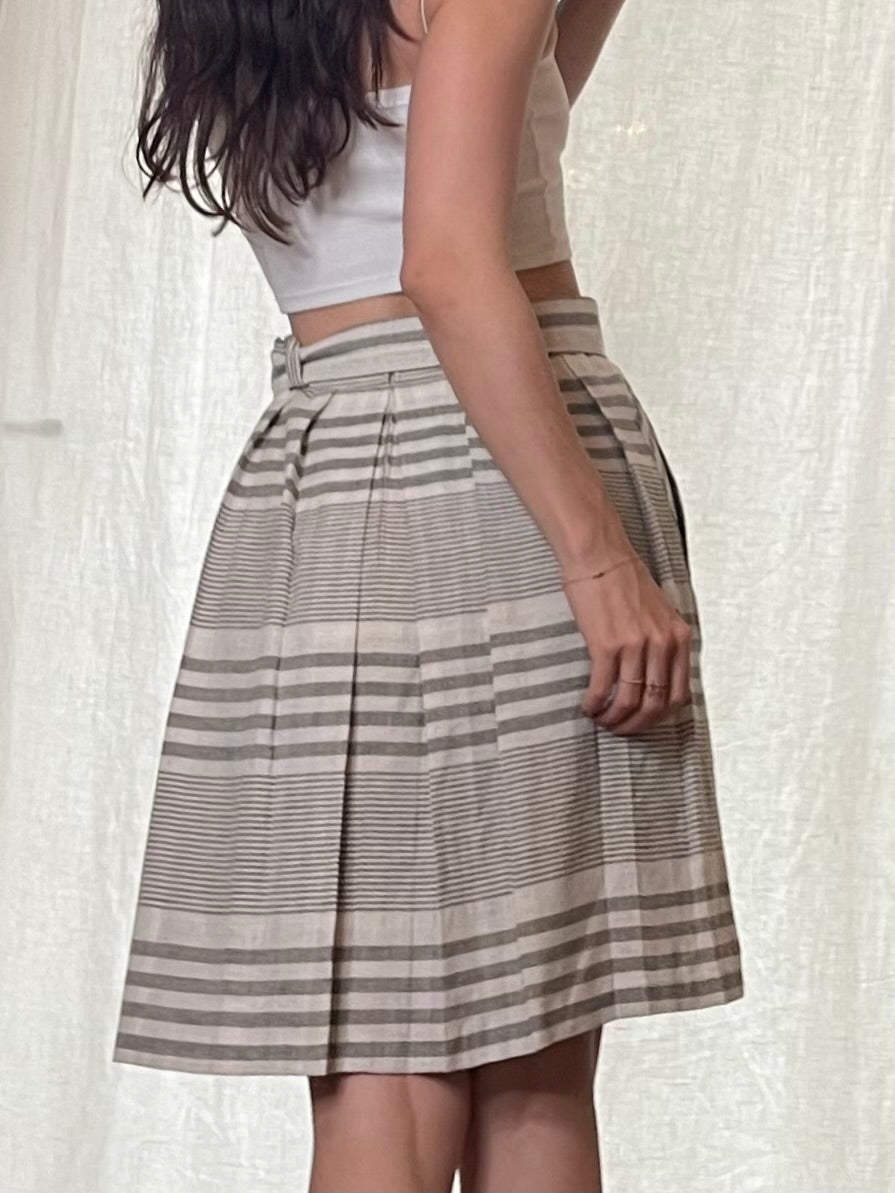 Vintage Pleated Striped Skirt Cream & Gray S