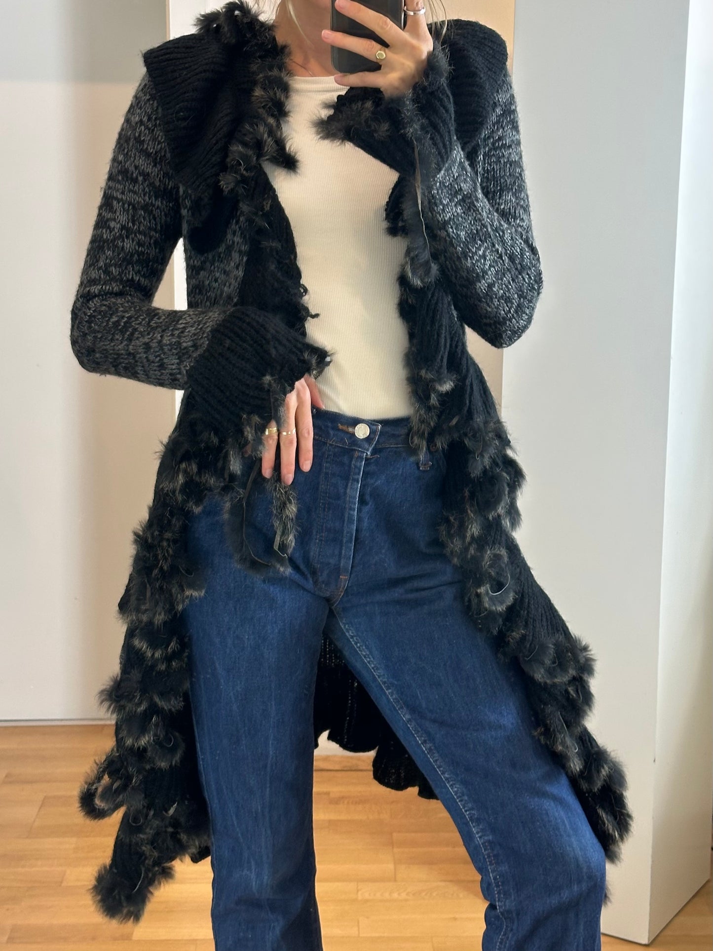 Gray Wool Mohair Fur Long Cardigan S