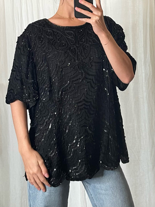 Vintage Black Sequin Top L