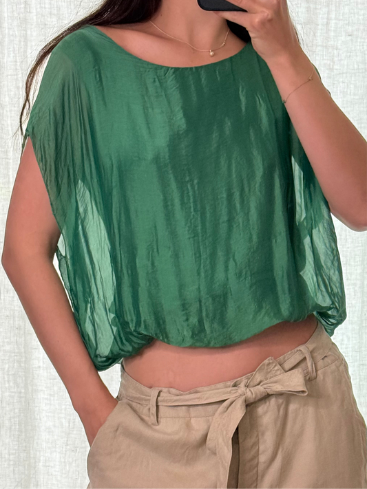 Emerald Green Silk Blend Bubble Hem Top S/M