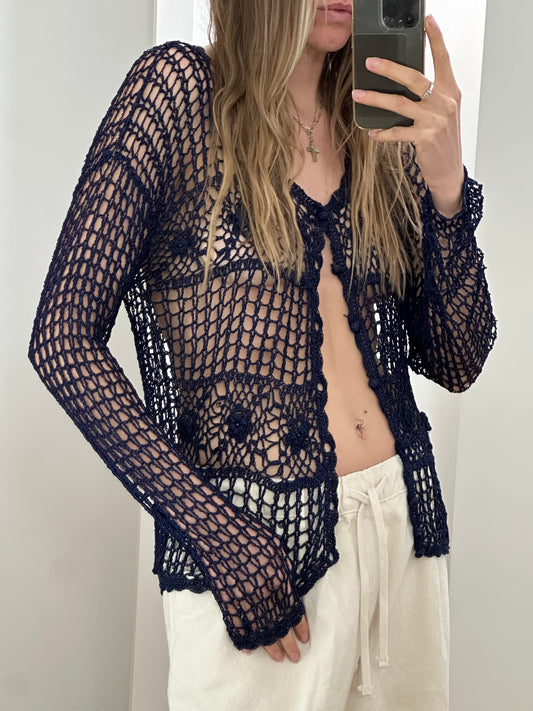Vintage Navy Hand Knit Cardigan M