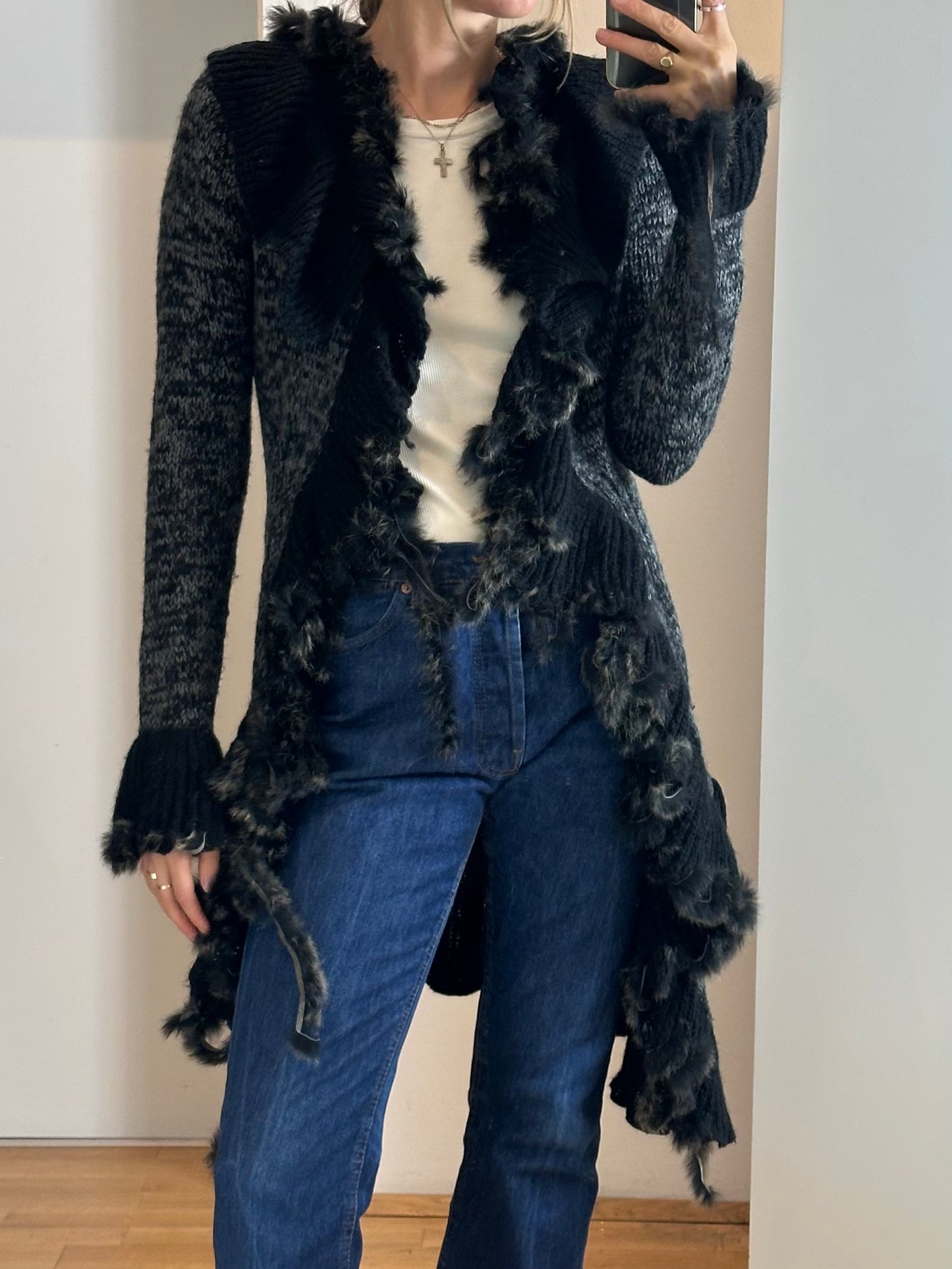 Gray Wool Mohair Fur Long Cardigan S