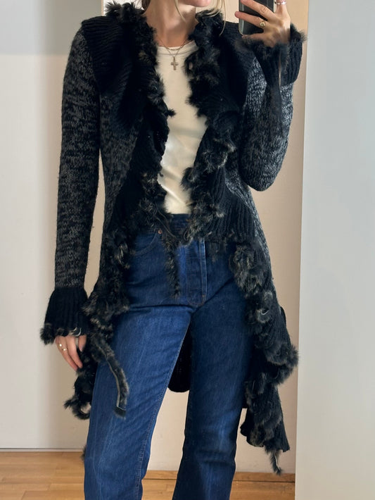 Gray Wool Mohair Fur Long Cardigan S
