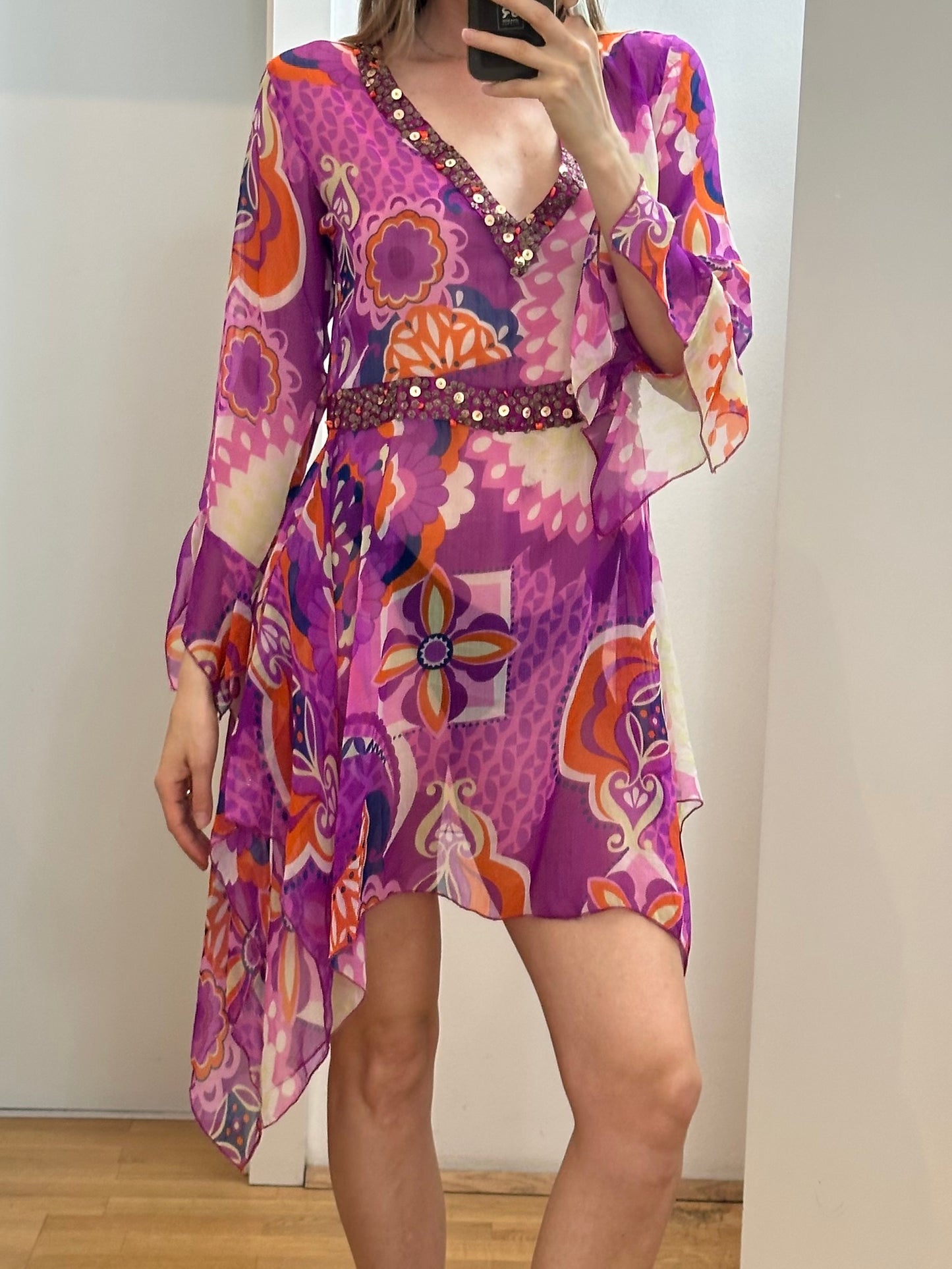 Colourful Printed Pink Multicolour Tunic Sheer Top S