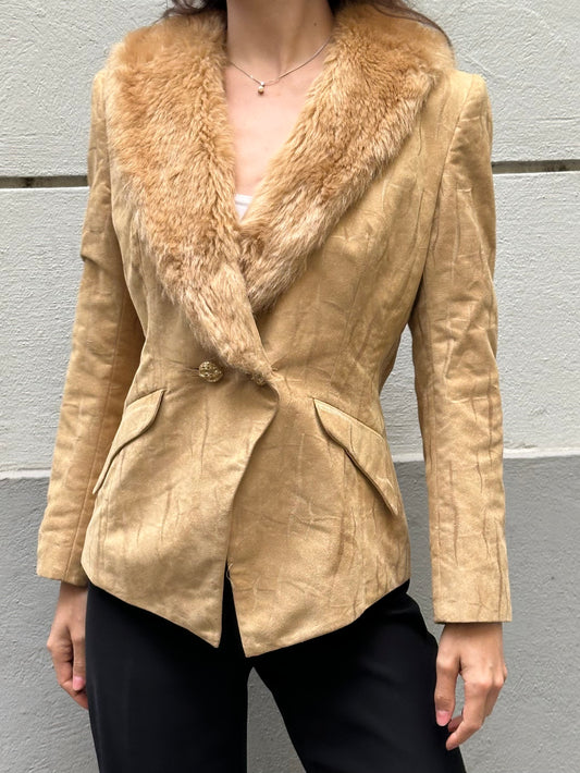 Vintage Beige Soft Fluffy Neck Blazer Jacket S