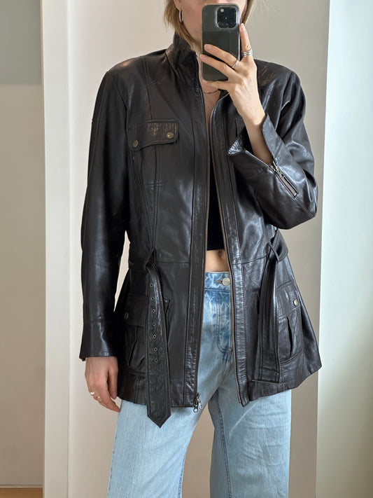 Vintage Belted Dark Brown Leather Jacket M/L