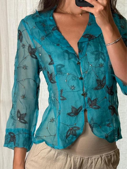 Vintage Turquoise Sheer Organza Embroidered Top S