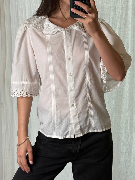 Vintage Cotton Blend White Large Sleeve Embroidered Top M