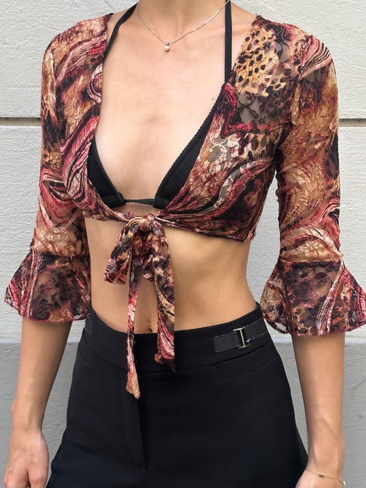 Y2K Lace Colourful Tie Front Cardigan Bolero Top XS/S
