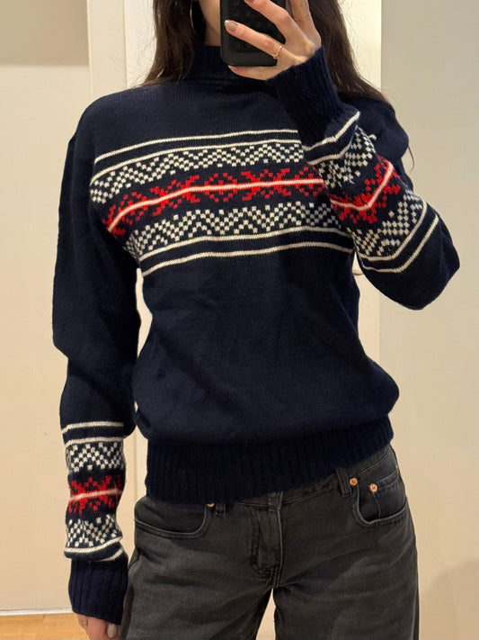 Vintage Wool Navy Pattern High Neck Pullover Sweater M