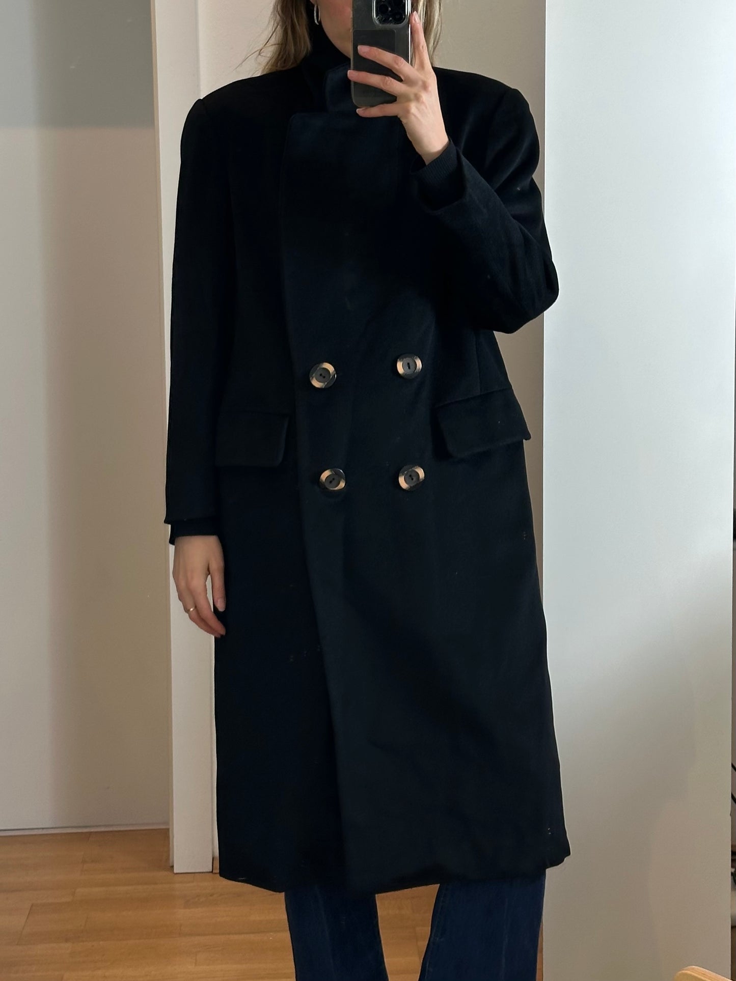 Vintage Black Wool Angora Cashmere Coat L