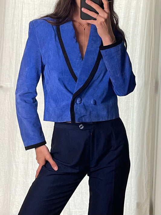 Vintage 100% Genuine Leather Blue Suede Cropped Blazer Jacket S/M