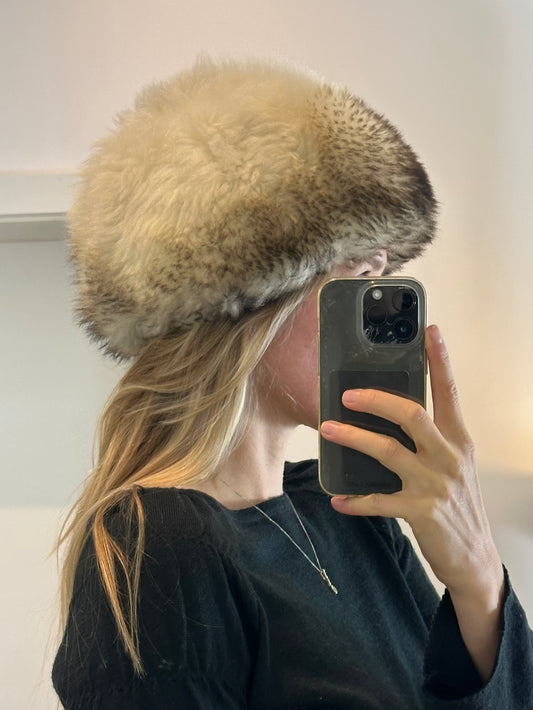 Cream and Dark Brown Shearling Hat