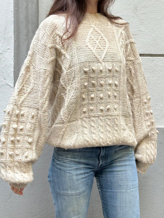 Vintage 100% Wool Cable Knit Cream Sweater L