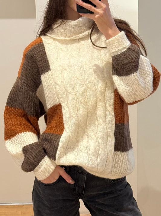 Vintage Wool Cable Knit Color Block Turtleneck Sweater M/L
