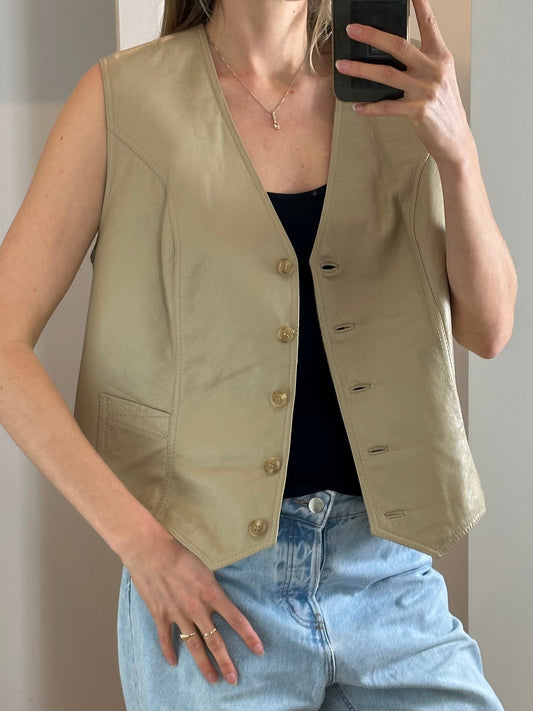 Vintage 100% Genuine Leather Beige Gilet/Vest L