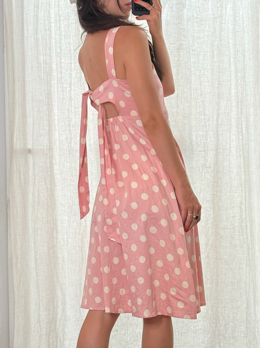 Vintage Pink White Cotton Polka Dot Midi Dress S