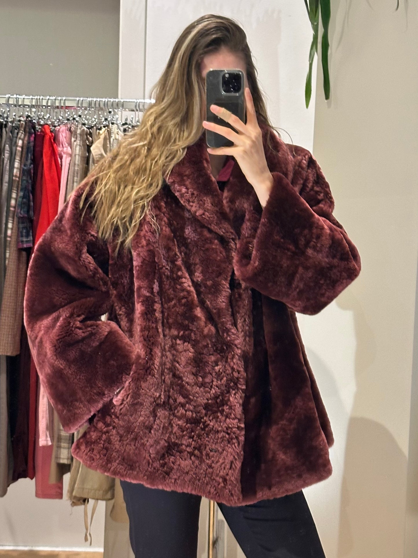 Vintage Genuine Shearling Bordeaux Red Teddy Jacket M/L