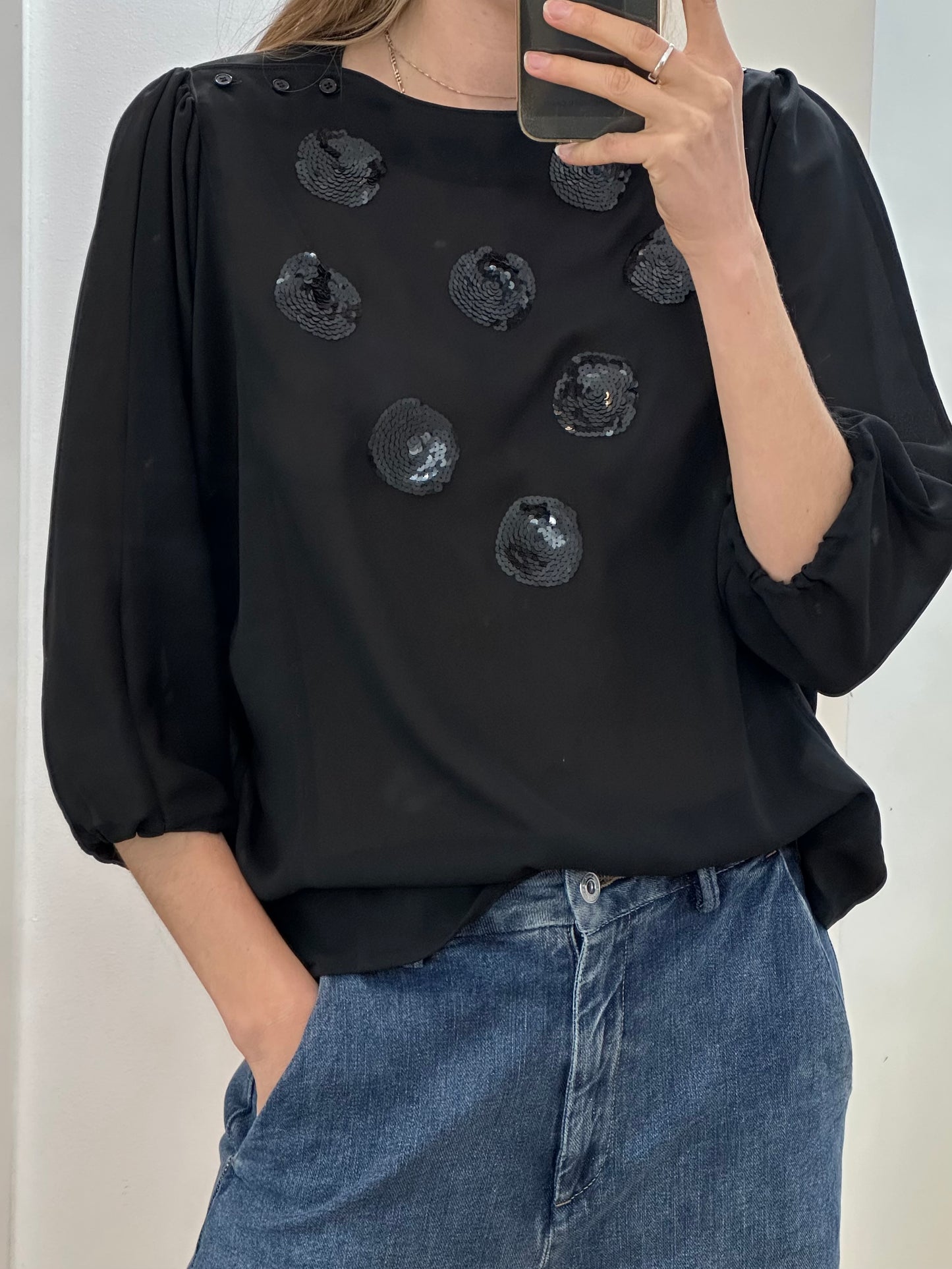 Vintage Black Sequin Blouse M