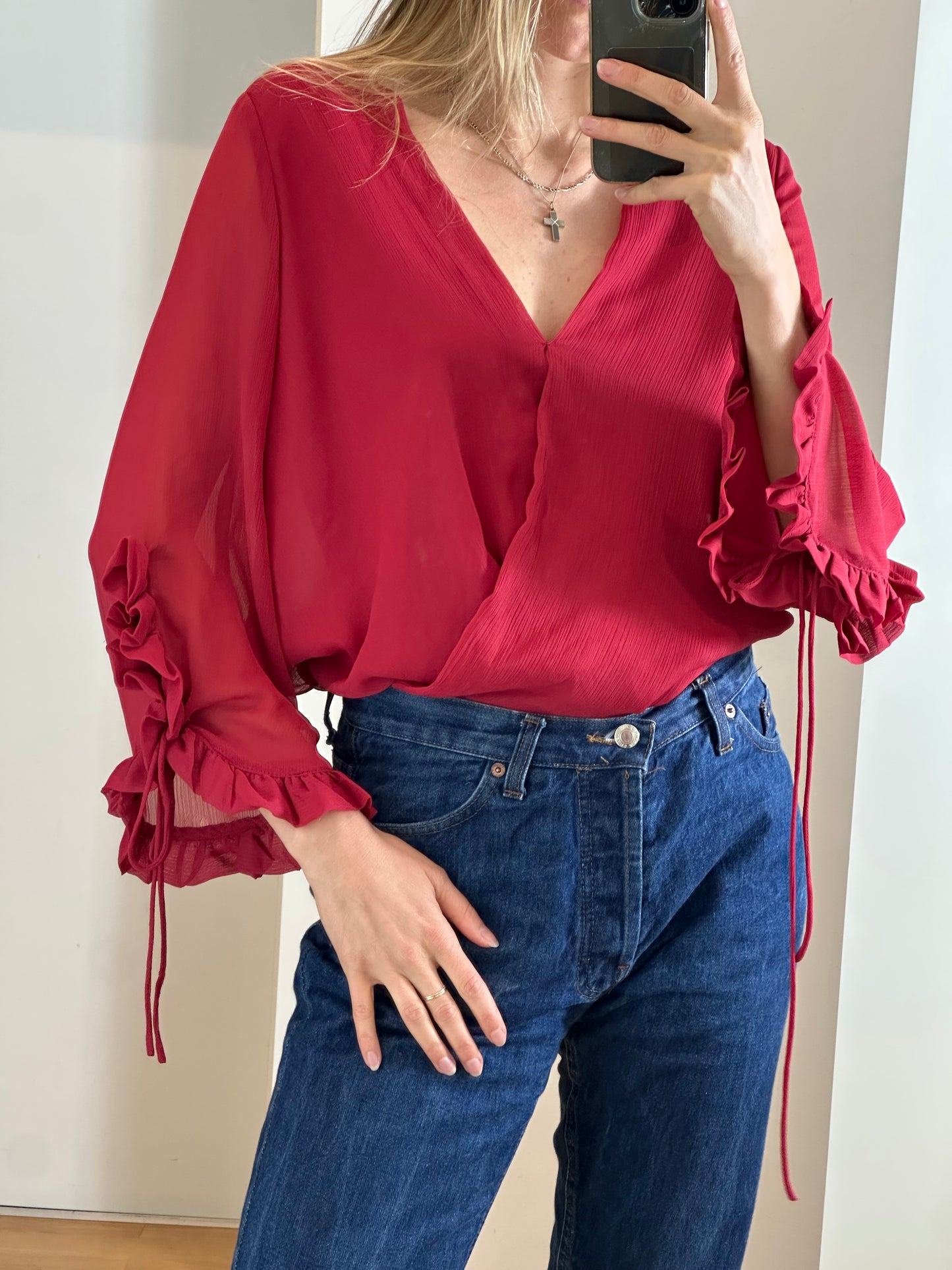 Red Frills Sleeves Blouse M
