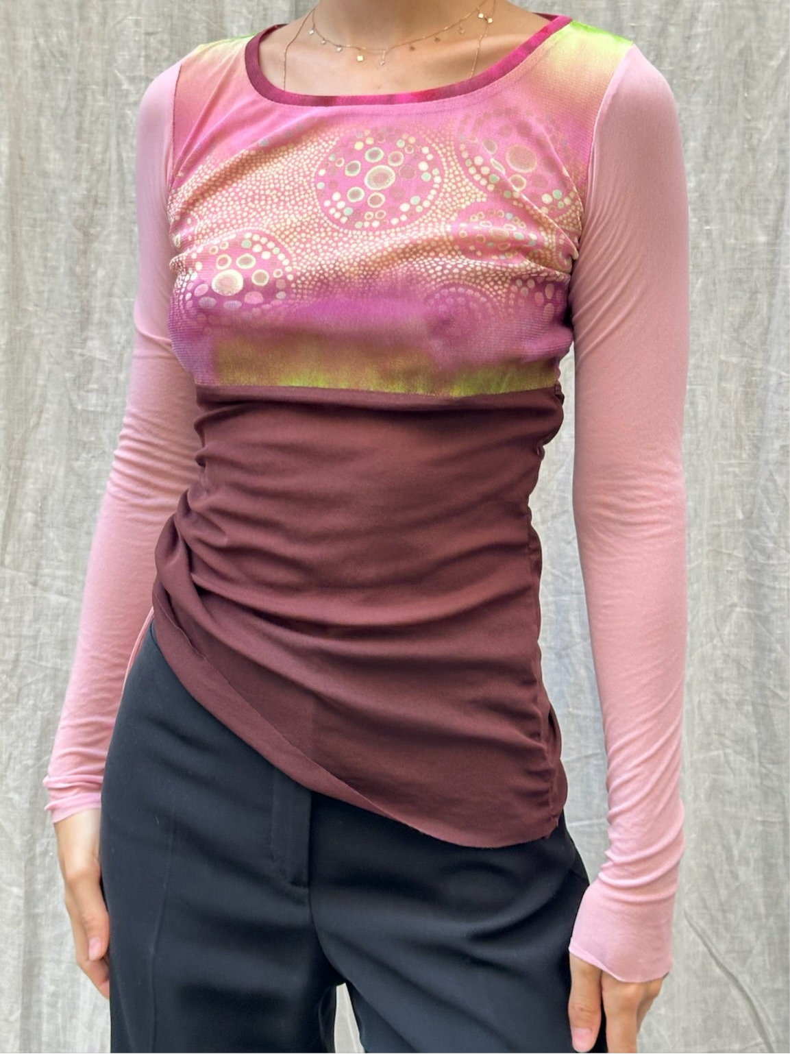 Vintage Y2K Mesh Pink/Maroon Long Sleeve Top S