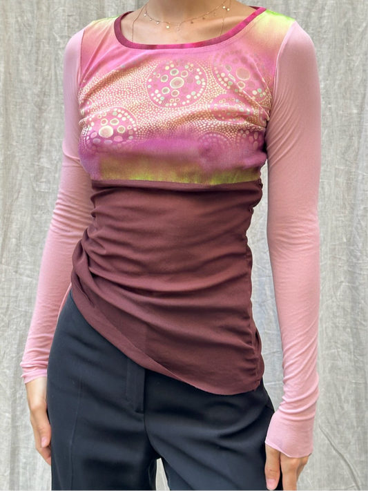 Vintage Y2K Mesh Pink/Maroon Long Sleeve Top S