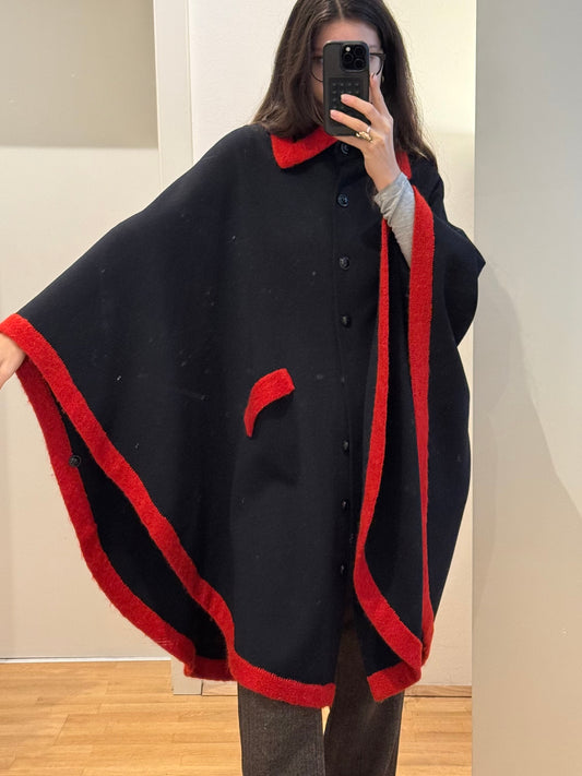 Vintage Wool & Mohair Black/Red Cape Coat One Size
