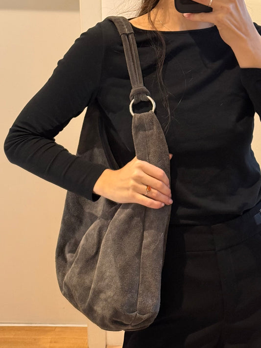 100% Genuine Suede Gray & Silver Buckle Hobo Bag L