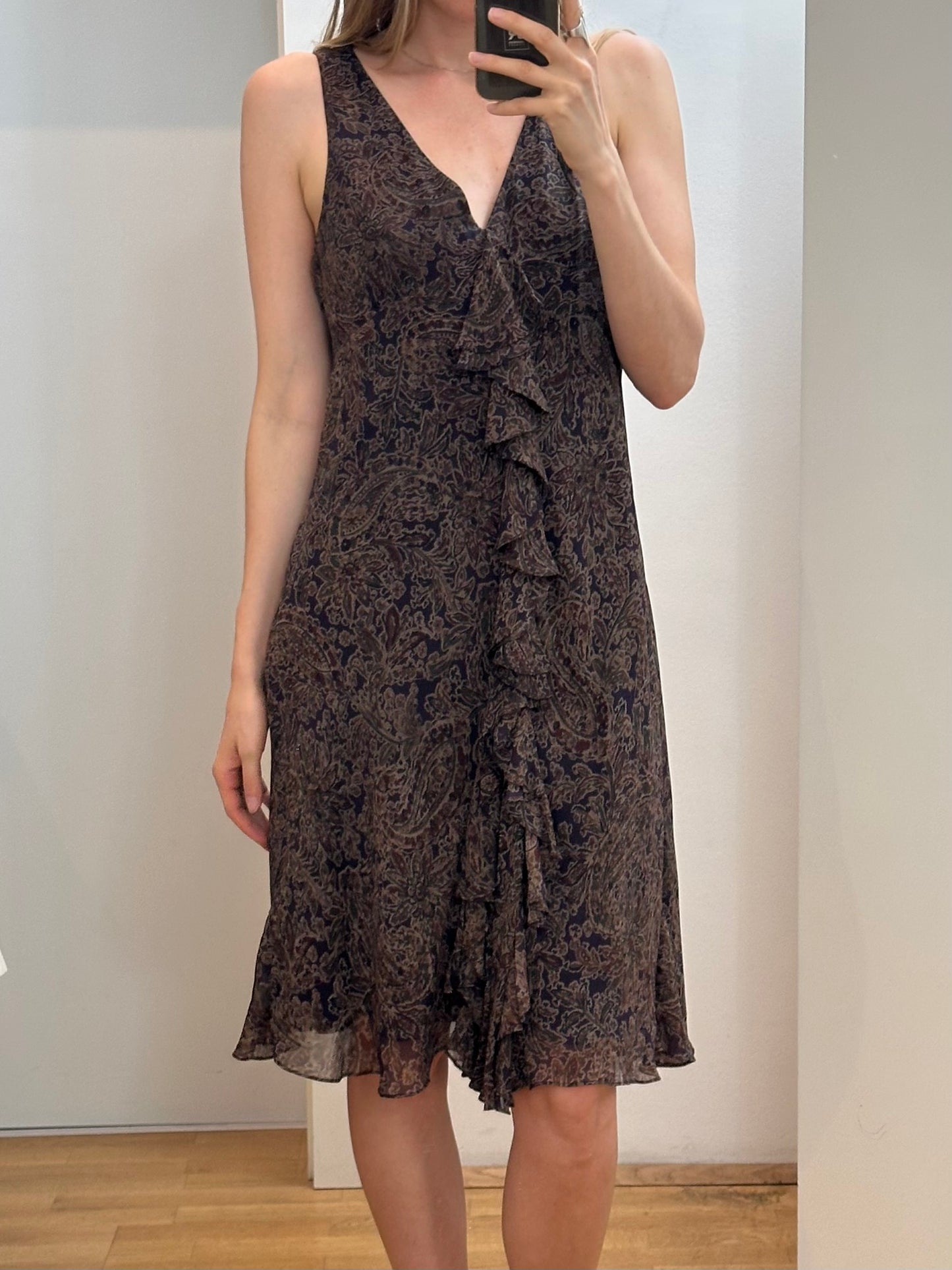 Ralph Lauren Silk Paisley Brown Midi Dress L