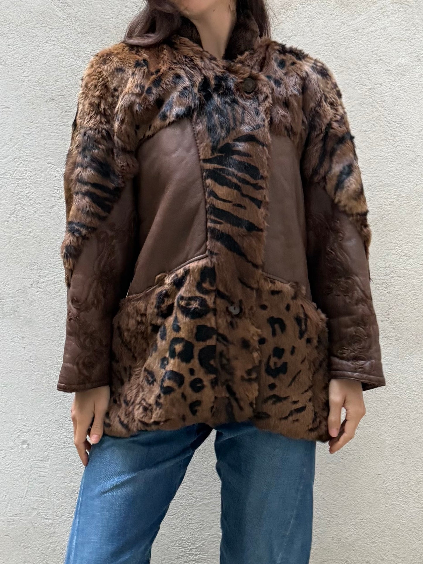 Vintage Tiger/Cheetah Real Lamb Shearling & Fur Brown Embroidered Coat
