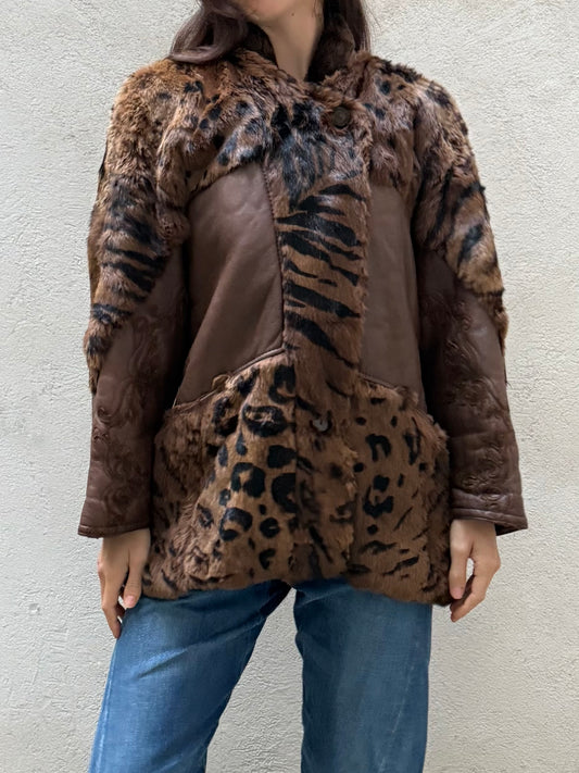 Vintage Tiger/Cheetah Real Lamb Shearling & Fur Brown Embroidered Coat