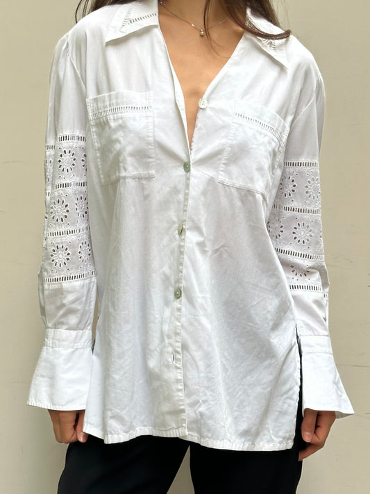 Vintage 100% Cotton White Embroidered Long Sleeve Collared Shirt S/M