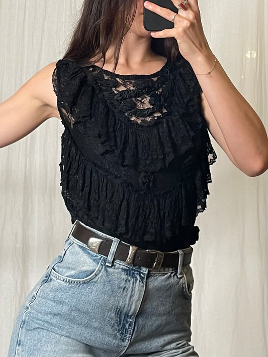 Vintage Black Lace Ruffle Top S