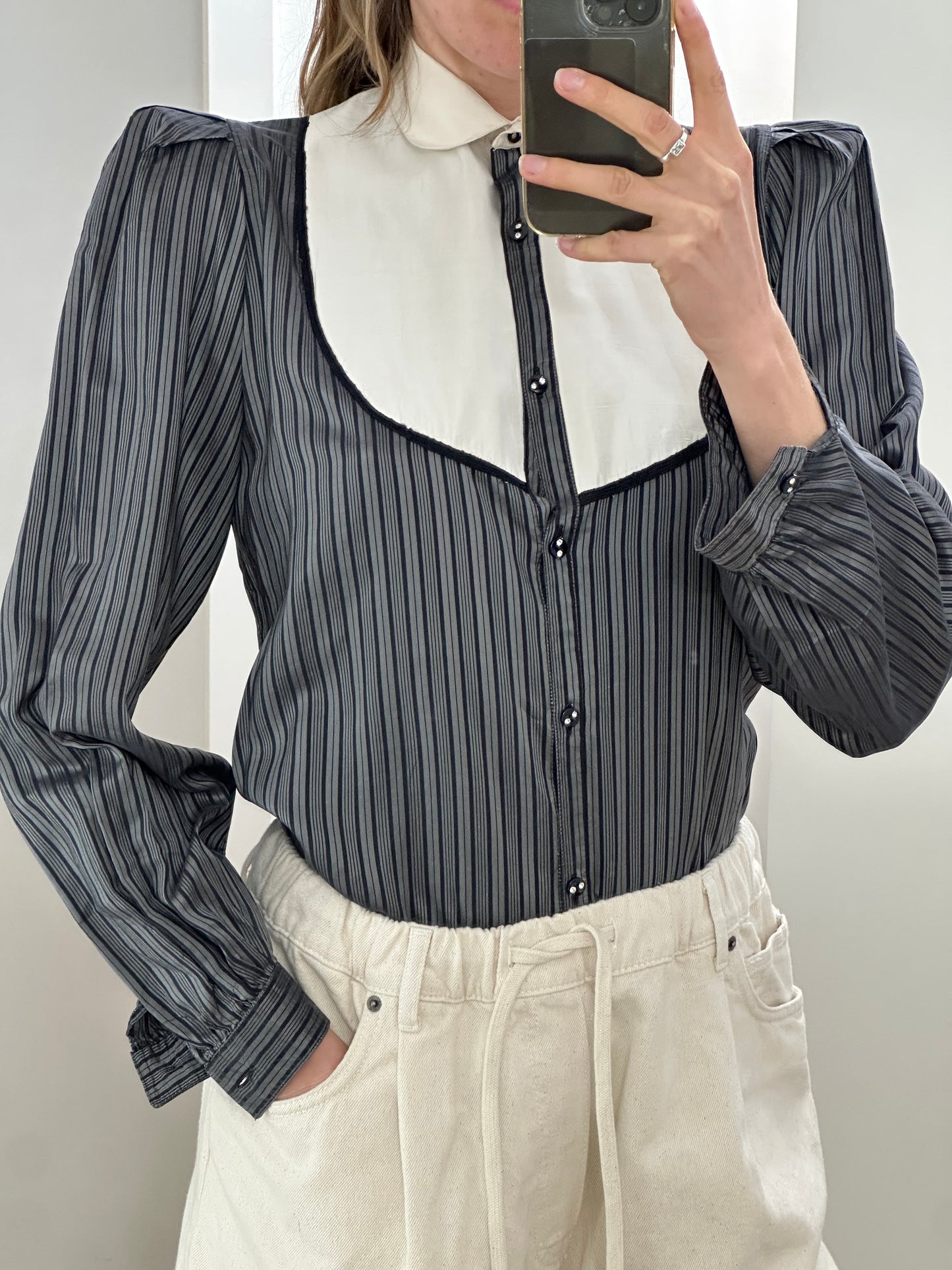 Vintage Silk White Gray Blouse S