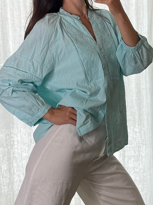 Vintage Light Turquoise Button Down Embroidered Blouse M