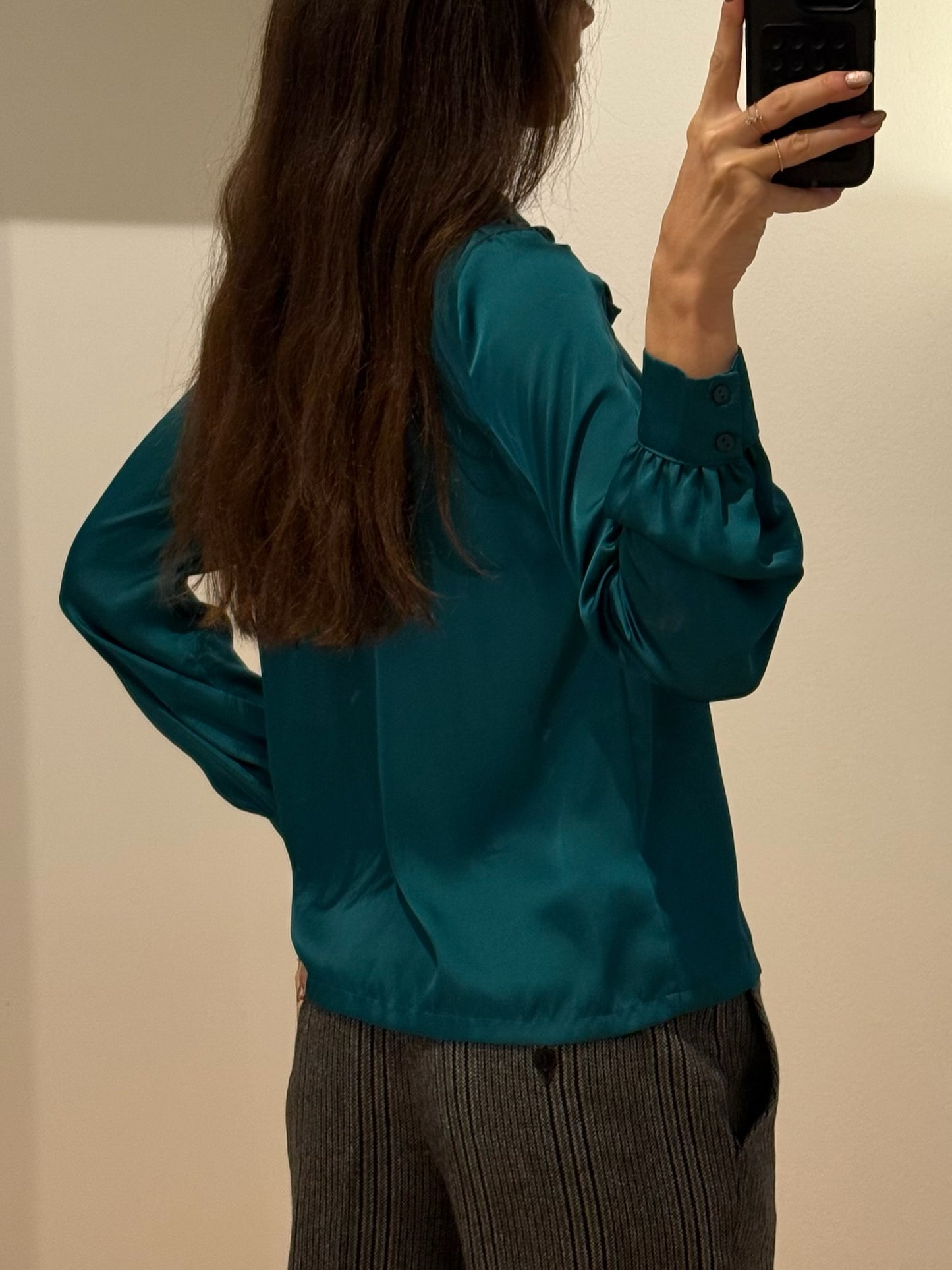 Vintage 100% Silk Teal Bow Long Sleeve Blouse S