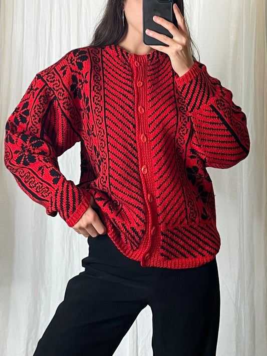 Vintage Red & Black Knitted Cardigan Sweater L