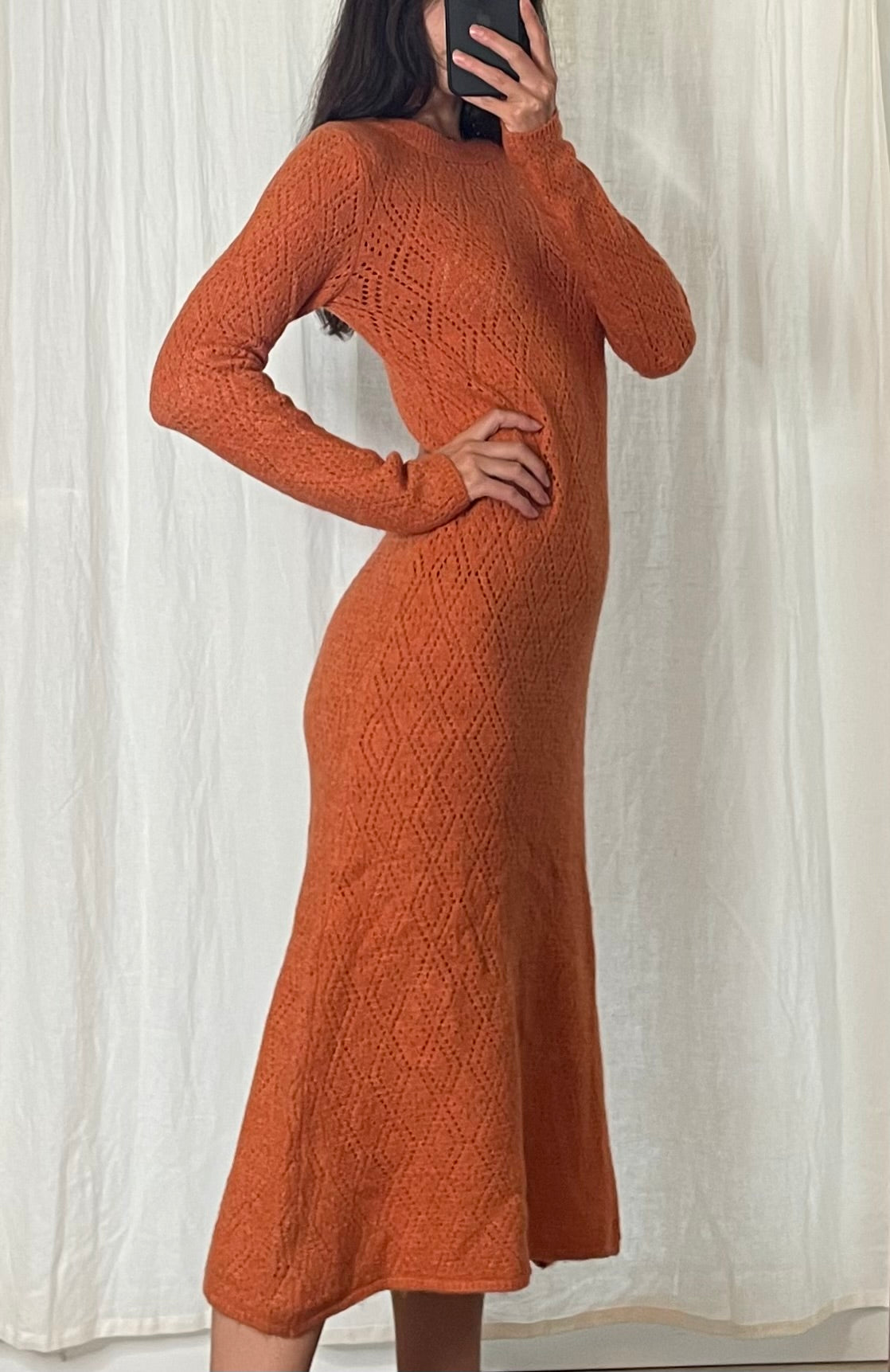 Orange Knitted Long Sleeve Maxi Dress S