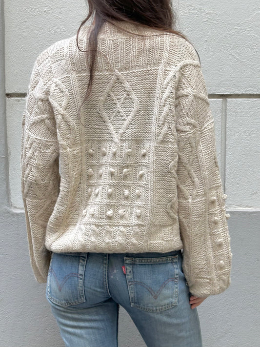 Vintage 100% Wool Cable Knit Cream Sweater L