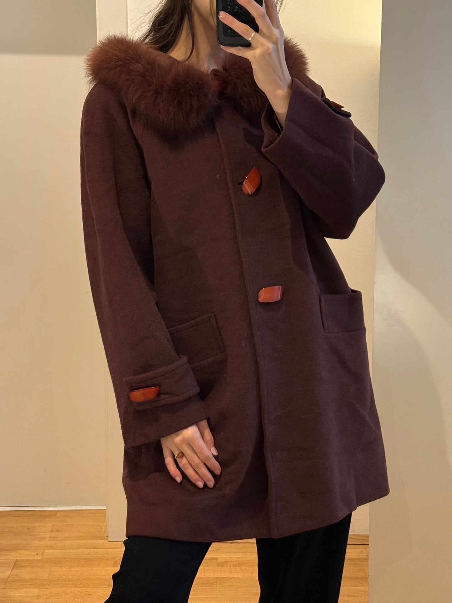 Vintage Dark Mauve Wool & Cashmere Fur Trim Coat M