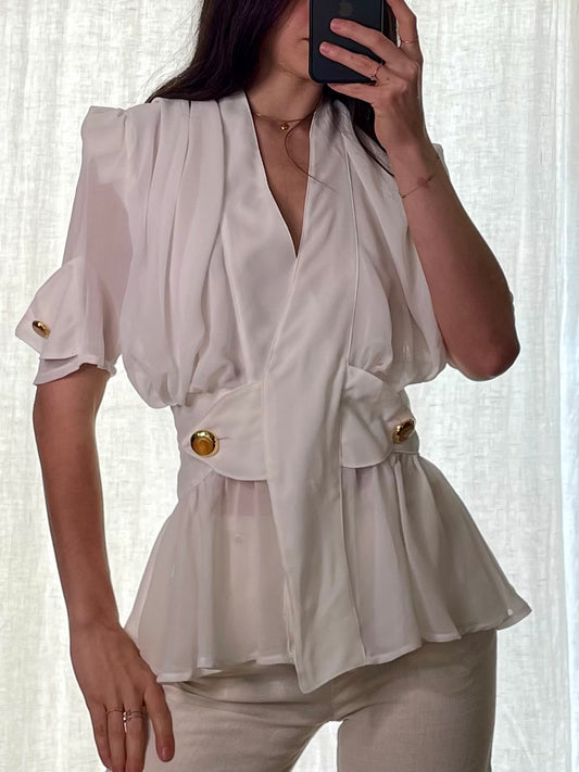 Vintage White Crossover Gold Button Corset Back Blouse S