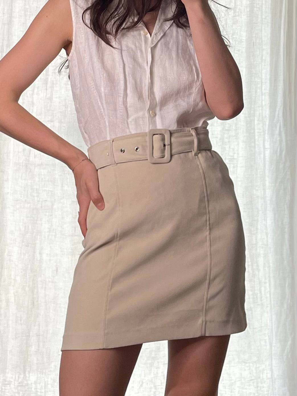 Vintage Belted Soft Beige Mini Skirt S EU 36