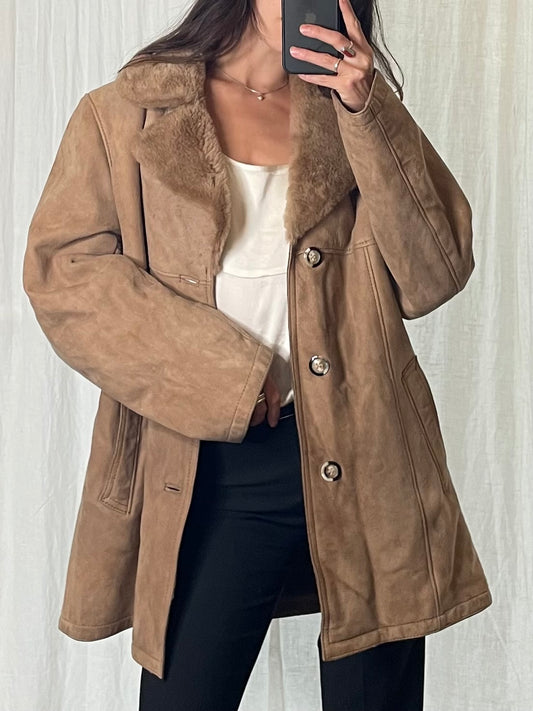 Vintage 100% Genuine Shearling Coat Leather Jacket Nude Suede M