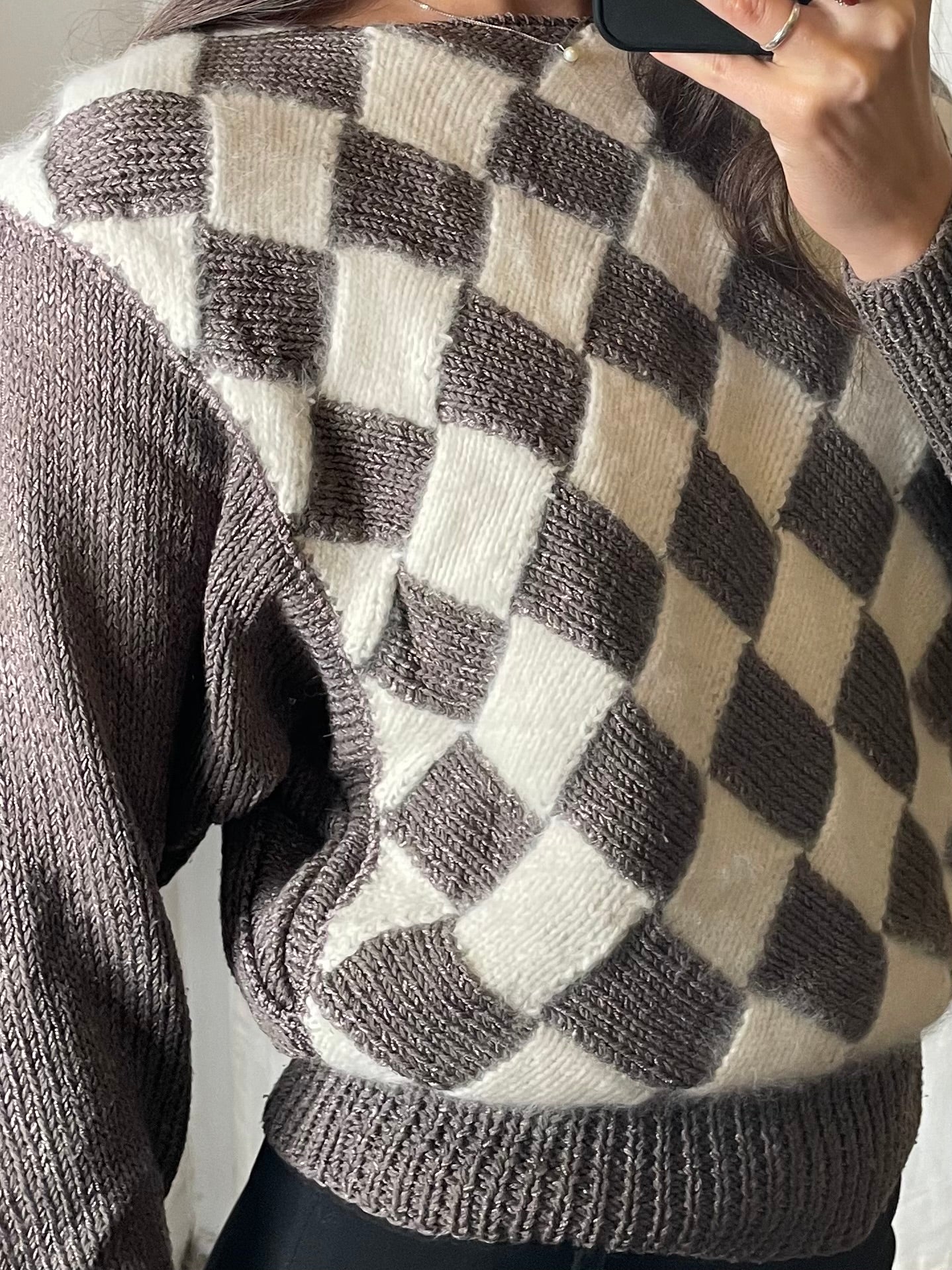 Vintage Checkered Taupe & Cream Angora/Wool/Rayon Blend Pullover Sweater S